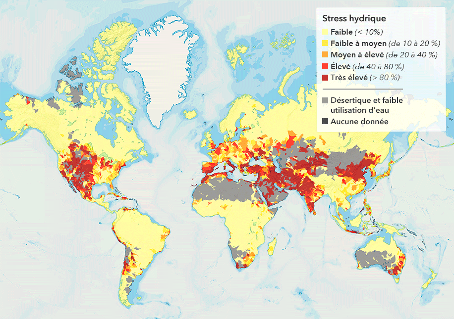  Cette carte montre les régions du monde qui devraient connaître des niveaux élevés de stress hydrique au cours de la prochaine décennie, en fonction des niveaux d’eau disponibles en surface et dans le sol. Le sud-ouest des États-Unis, le Moyen-Orient, l’Inde et certaines parties de la Chine, du Chili, de l’Australie et de l’Afrique du Sud se distinguent comme des zones à plus haut risque.