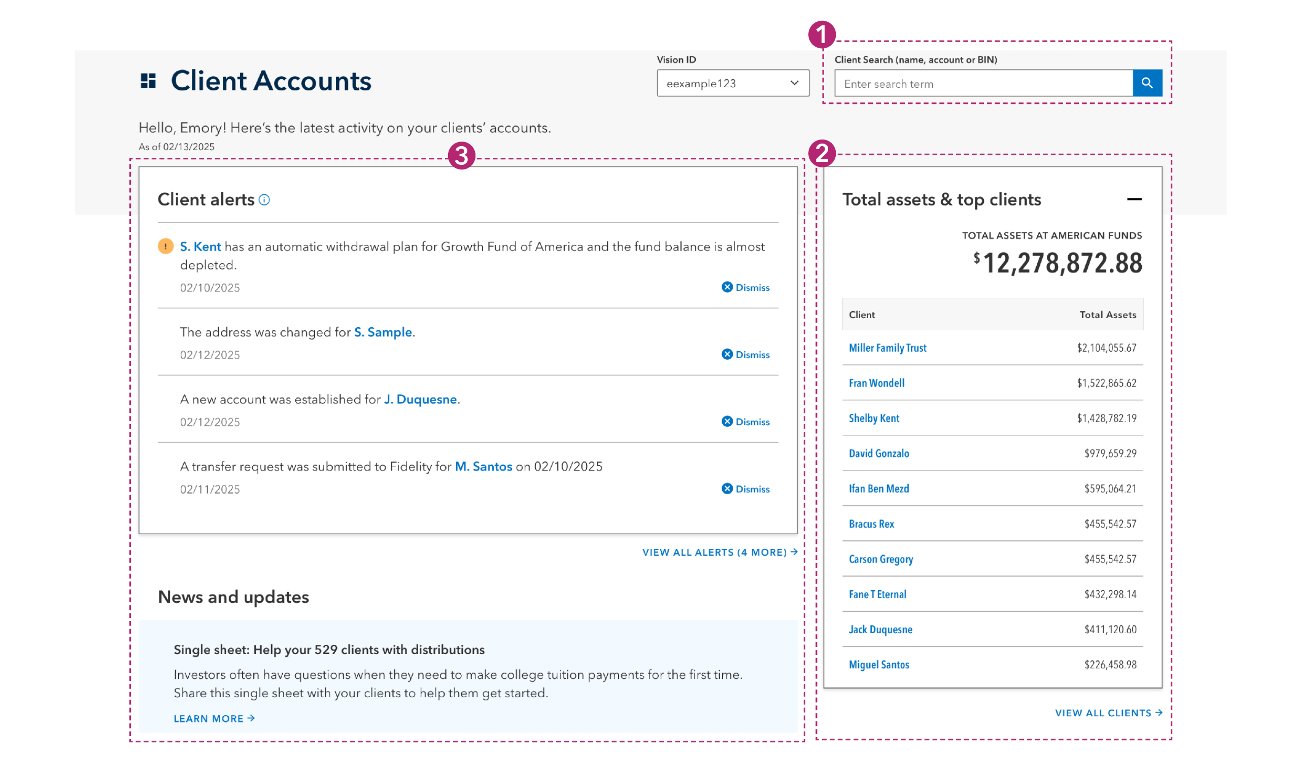 Screenshot of the Client Accounts dashboard, including a search box to locate clients' accounts, Client alerts, Total assets & top clients and News and updates.
