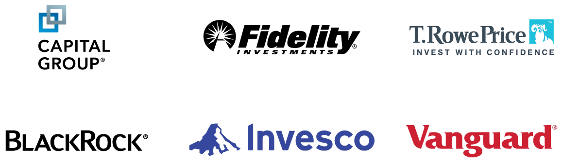 Logos: Capital Group/American Funds, BlackRock, Fidelity, Invesco, T. Rowe Price, Vanguard.
