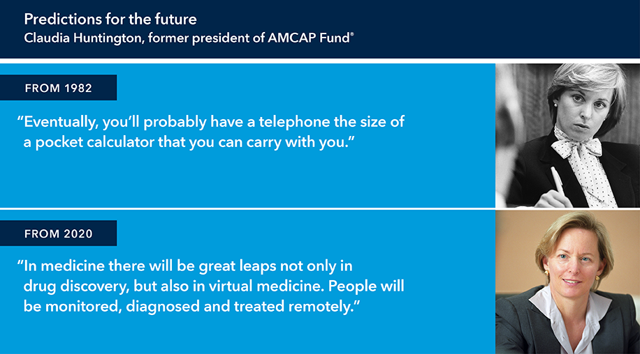 This graphic is titled: Predictions of the future, Claudia Huntington, former president of AMCAP Fund®. At right below is a black and white image of Claudia Huntington with this pull-quote from 1982 at left: “Eventually, you’ll probably have a telephone the size of a pocket calculator that you can carry with you.” The second image is a color picture of Claudia Huntington at right with this pull-quote from 2020 at left: “In medicine there will be great leaps not only in drug discovery, but also in virtual medicine. People will be monitored, diagnosed and treated remotely.”