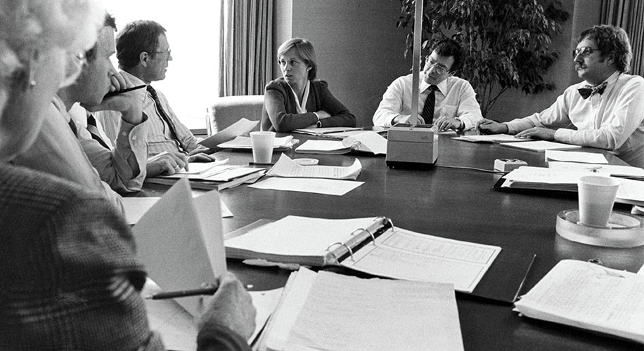 Claudia Huntington in a meeting with investment group associates circa 1984.