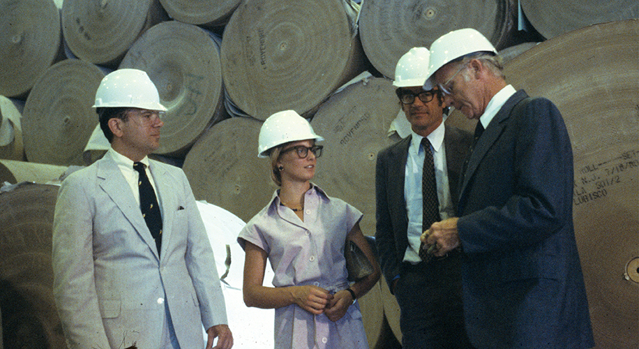 Photo depicts Claudia Huntington and other analysts on a research visit to United States Gypsum Company’s plant in Stony Point, New York, circa 1980.
