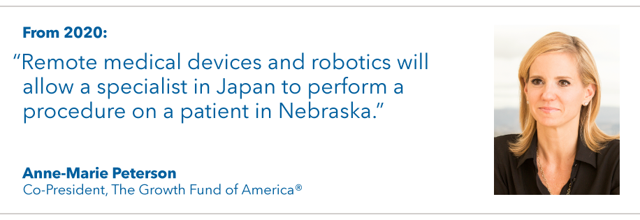 Pull quote dated 2020 from Anne-Marie Peterson, portfolio manager for The Growth Fund of America®, that states, “Remote medical devices and robotics will allow a specialist in Japan to perform a procedure on a patient in Nebraska.”