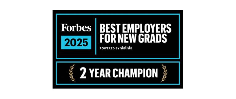 Forbes badge recognizing Capital Group as one of the 'Best Employers for New Grads' 2025, highlighting a 2-year champion recognition.