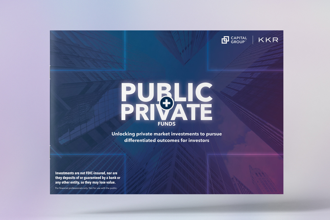 An image showing the cover page of a brochure that states: Public Private Plus Funds. Unlocking private market investments to pursue differentiated outcomes for investors. Capital Group, trademark, and KKR.