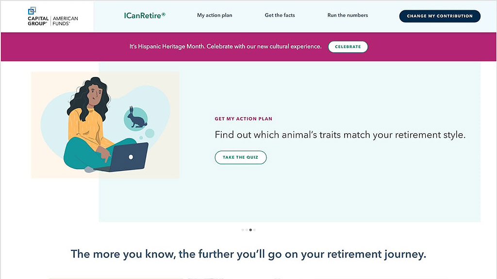 This is a screenshot of ICanRetire's homepage. The image features an animated graphic of a woman looking at her laptop. There is also an image of a bunny to the right. "Get my action plan," "find out which animal's traits match your retirement style" and "take the quiz" are written next to the image. Below is text that reads "The more you know, the further you'll go on your retirement journey."