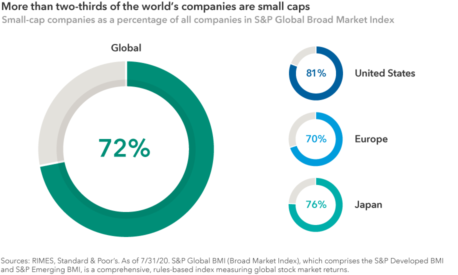 The chart shows small-cap companies as a percentage of all companies in the S&P Global Broad Market Index for four markets. Percentages are as follows: global, 72%; United States, 81%; Europe, 70%; Japan, 76%. S&P Global BMI (Broad Market Index), which comprises the S&P Developed BMI and S&P Emerging BMI, is a comprehensive, rules-based index measuring global stock market returns. Sources: RIMES, Standard & Poor’s. As of July 31, 2020. 