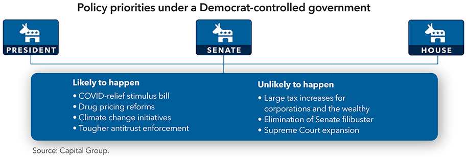 The image shows policy priorities under a Democrat-controlled government. COVID-relief stimulus bill, drug pricing reforms, climate change initiatives and tougher antitrust enforcement are considered likely to happen. Large tax increases for corporations and the wealthy, elimination of the Senate filibuster and Supreme Court expansion are considered unlikely. Source: Capital Group.