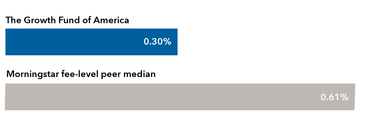 Bar chart compares expense ratios: The Growth Fund of America, 0.30%; Morningstar fee-level peer group median, 0.61%.