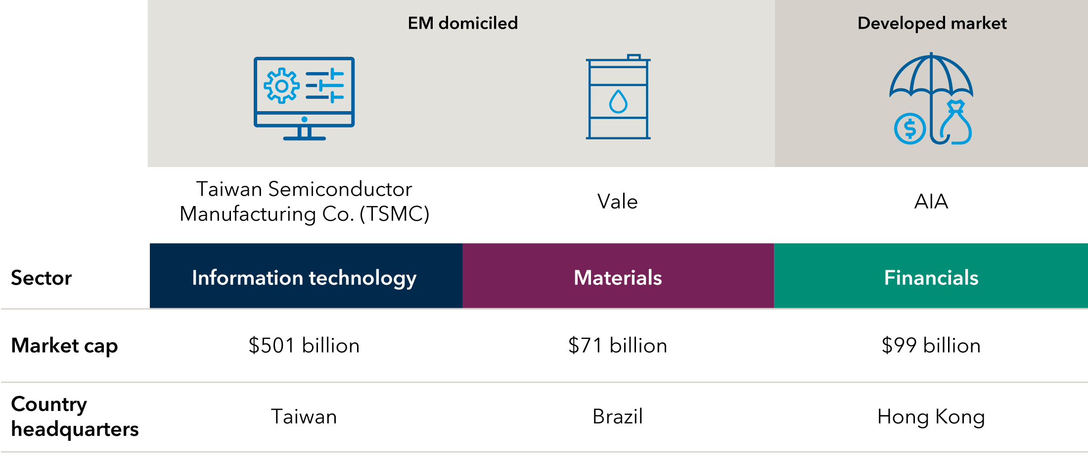 Companies shown are among the top 20 holdings by weight in New World Fund. Example 1: EM-domiciled: Taiwan Semiconductor Manufacturing Co. (TSMC) - Sector: Information technology; Market cap: $501 billion; Country headquarters: Taiwan. Example 2: EM-domiciled: Vale - Sector: materials; Market cap: $71 billion; Country headquarters: Brazil. Example 3: Developed market: AIA - Sector: financials; Market cap: $99 billion; Country headquarters: Hong Kong