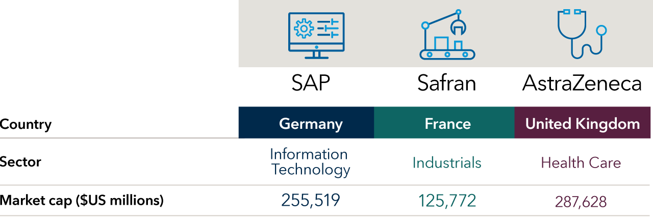 Table shows examples of top holdings in the portfolios. Companies shown are among the top holdings by weight in EUPAC Fund and Capital Group International Growth SMA Composite representative account. Example 1: SAP — Country: Germany; Sector: Information Technology; Market cap ($US millions): 255,511 Example 2: Safran — Country: France; Sector: Industrials; Market cap ($US millions): 79,763 Example 3: Banco Bilbao Vizcaya Argentaria — Country: Spain; Sector: Financials; Market cap ($US millions): 56,408.