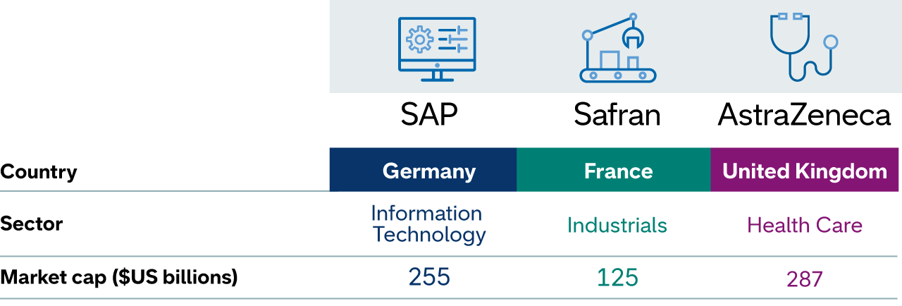 Table shows examples of top holdings in the Capital Group EUPAC Composite representative account. Example 1: SAP — Country: Germany; Sector: Information Technology; Market cap ($US billions): 255 Example 2: Safran — Country: France; Sector: Industrials; Market cap ($US billions): 125  Example 3: AstraZeneca — Country: United Kingdom; Sector: Health Care; Market cap ($US billions): 287.