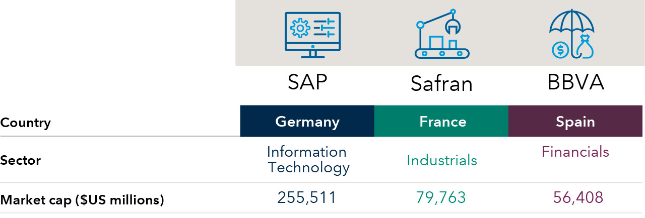 Table shows examples of top holdings in the portfolios. Companies shown are among the top holdings by weight in EUPAC Fund and Capital Group International Growth SMA Composite representative account. Example 1: SAP — Country: Germany; Sector: Information Technology; Market cap ($US millions): 255,511 Example 2: Safran — Country: France; Sector: Industrials; Market cap ($US millions): 79,763 Example 3: Banco Bilbao Vizcaya Argentaria — Country: Spain; Sector: Financials; Market cap ($US millions): 56,408.