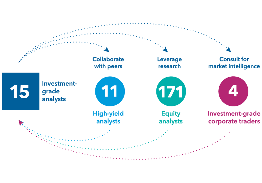 Chart illustrates the collaboration among Capital Group analysts and traders. It indicates that 15 investment-grade credit analysts collaborate with their 11 high-yield credit analyst peers, leverage the research of 171 equity analysts and consult with four investment-grade corporate bond traders for market intelligence.  