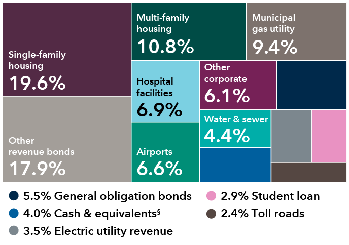 This diversification chart shows the breakdown of holdings by sector for Limited Term Tax-Exempt Bond Fund of America. The holdings are as follows: Single-family housing: 19.6%; Other revenue bonds: 17.9%; Multi-family housing: 10.8%; Municipal gas utility: 9.4%; Cash & equivalents: 4.0%; Airports: 6.6%; Other Corporate: 6.1%; Hospital facilities: 6.9%; Water & sewer: 4.4%; General obligation bonds : 5.5%; Electric utility revenue: 3.5%;  Student loan 2.9%; Toll roads  2.4%.