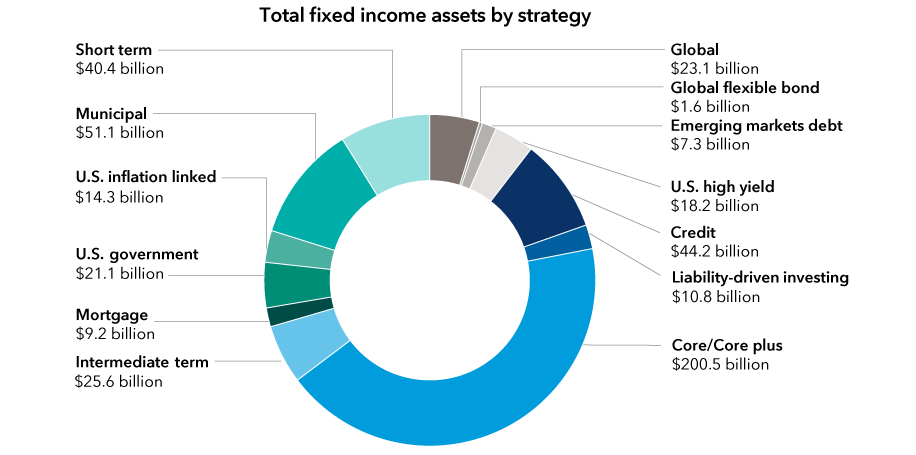 The chart shows Capital Group’s total fixed income assets under management of US$457 billion and how these assets are divided among strategies. For example, core and core plus total fixed income assets under management stand at US$200.5 billion, global fixed income assets US$23.1 billion and emerging markets debt US$7.3 billion. All figures are as of March 31, 2023.