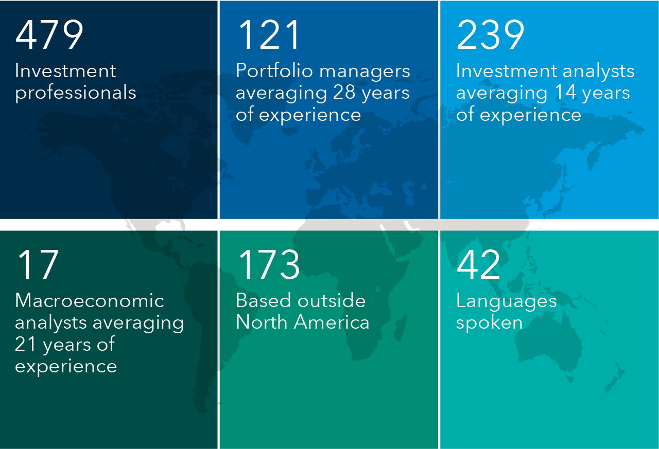 Graphic illustrates that Capital Group's wide-ranging global research team comprises 479 investment professionals, including 121 portfolio managers averaging 28 years of experience, 239 investment analysts averaging 14 years of experience and 17 macroeconomic analysts averaging 21 years of experience. Of these professionals, 173 are based outside of North America, with 42 languages spoken. As of December 31, 2023.