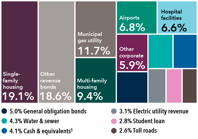 This diversification chart shows the breakdown of holdings by sector for Limited Term Tax-Exempt Bond Fund of America. The holdings are as follows: Single-family housing: 19.1%; Other revenue bonds: 18.6%; Multi-family housing: 9.4%; Municipal gas utility: 11.7%; Cash & equivalents: 4.1%; Airports: 6.8%; Other Corporate: 5.9%; Hospital facilities: 6.6%; Water & sewer: 4.3%; General obligation bonds : 5.0%; Electric utility revenue: 3.1%;  Student loan 2.8%; Toll roads  2.6%.