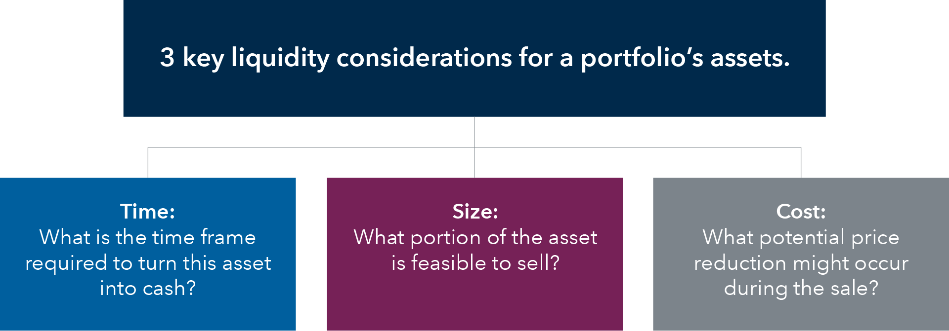 A box with the text: "3 key liquidity considerations for a portfolio's assets." The box is connected to three other boxes, which respectively read: "Time: What is the time frame required to turn this asset into cash?"; "Size: What portion of the asset is feasible to sell?"; and "Cost: What potential price reduction might occur during the sale?"