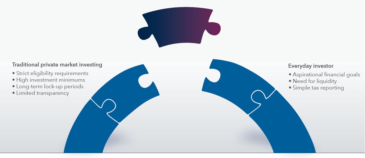 Traditional private market investing: Strict eligibility requirements, high investment minimums, long-term lock-up periods, limited transparency. Everyday investor: Aspirational financial goals, need for liquidity, simple tax reporting. 
