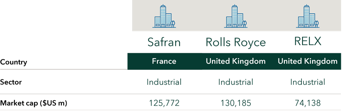 This graphic shows three examples of top holdings in the Capital Group International Vantage composite representative account as part of identifying long-term leaders in a broad range of sectors and industries. Safran is in France, in the industrial sector. Its market cap is $125,772 million. Rolls Royce is in United Kingdom, in the industrial sector. Its market cap is $130,185 million. RELX is in United Kingdom, in the industrial sector. Its market cap is $74,138 million.