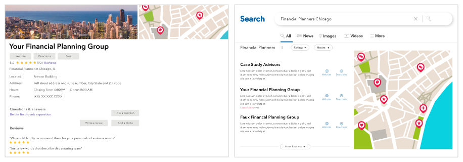 Screenshot of a generalized search engine’s “map pack” results. On the left, the image shows details for a business called Your Financial Planning Group in Chicago, Illinois, which has a full business profile and multiple reviews. On the right, the image shows a search for Financial Planners Chicago, with Your Financial Planning Group appearing in the second result and shown on an accompanying map.