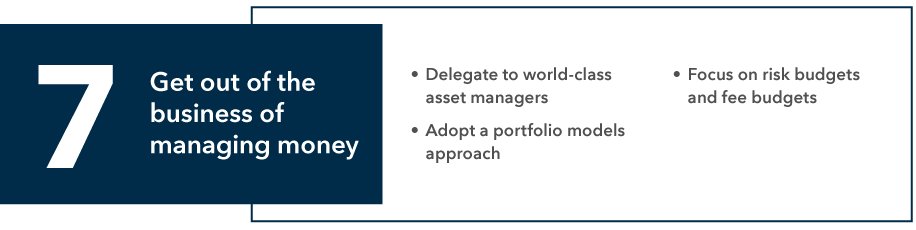 Seventh trait is get out of the business of managing money. Bullets are delegate to world-class asset managers, adopt a portfolio models approach, and focus on risk budgets and fee budgets.
