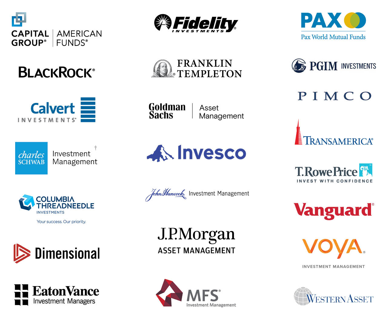 Image shows the company logos for the funds from well-respected investment managers. The company logos include: Capital Group/American Funds, BlackRock, Calvert  Investments, Charles Schwab Investment Management, Columbia Threadneedle,  Dimensional, Eaton  Vance Investment Managers, Fidelity,  Franklin Templeton, Goldman Sachs Asset Management, Invesco, John  Hancock Investments, J.P. Morgan Asset Management, MFS Investment  Management, Pax  World Mutual Funds, PGIM Investments, PIMCO, Transamerica, T. Rowe Price, Vanguard,  Voya Investment Management, Western Asset