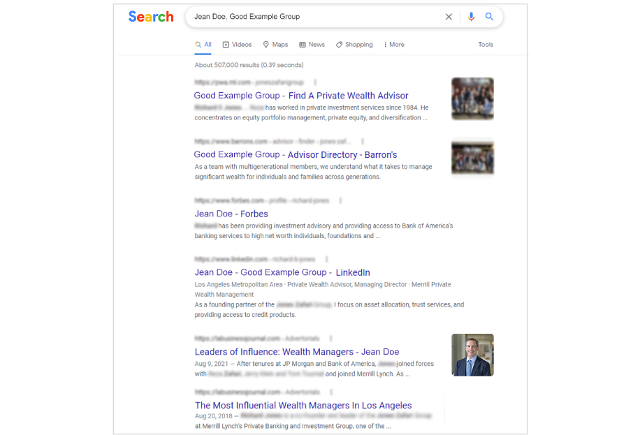 Example search engine results page with the fictitious name “Jean Doe, Good Example Group” in the search bar. The results show Jean Doe resulting in many relevant results, including their own company page as well as third-party results such as Barron’s, Forbes and LinkedIn.