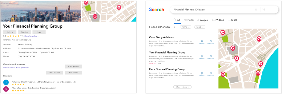 Example search engine results that include a map. Your Financial Planning Group comes up at the top, and the full address, phone number and business hours are included. There are also many reviews for the company, with two positive reviews showing up on the page. Also displayed is a map, with Your Financial Planning Group listed among competitor firms in the area.