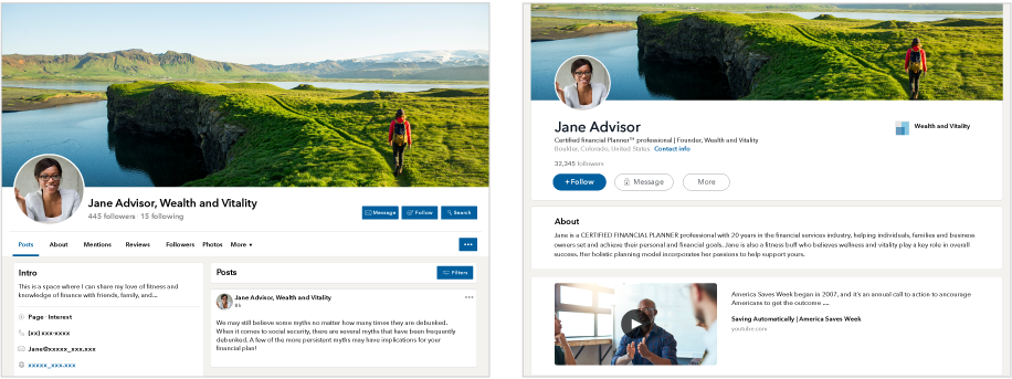 Example business profiles on two social media networks show background and profile images, a personal message that connects this advisor’s brand to her work and life and educational posts included in her updates.