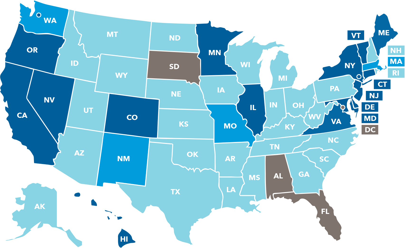 A map of the United States showing which states and cities have state-sponsored retirement plans. California, Colorado, Connecticut, Delaware, Hawaii, Illinois, Maine, Maryland, Minnesota, New Jersey, New York City, New York State, Nevada, Oregon, Seattle, Vermont and Virginia have mandatory plans. Massachusetts, Missouri, New Mexico and Washington have voluntary plans. Alabama, the District of Columbia, Florida and South Dakota have taken no action to implement a plan. The remaining states have legislative proposals in progress.