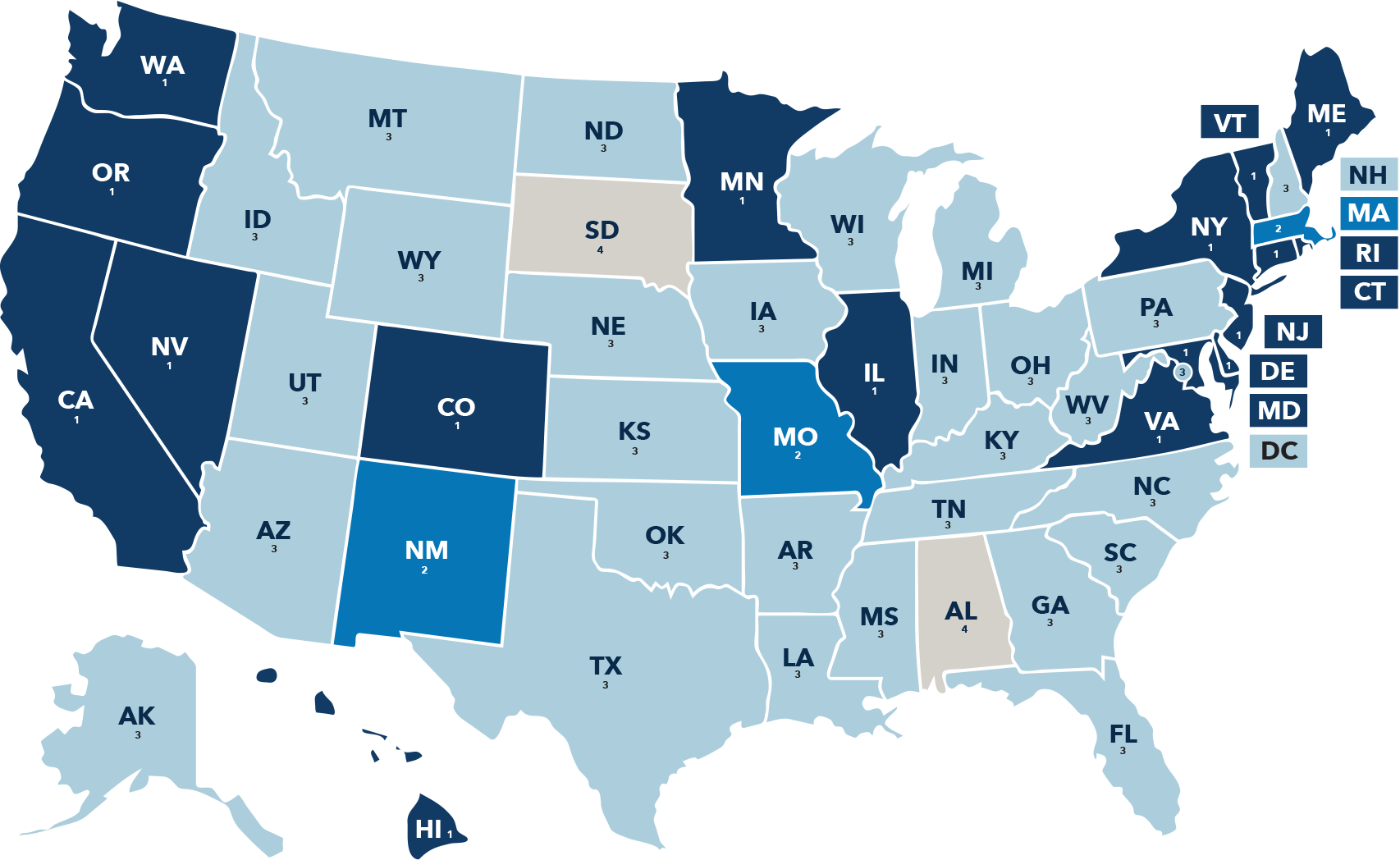 Map of the 50 United States and Washington DC, keyed to 4 categories of statesponsored retirement plan mandates: (1) Mandatory, (2) Voluntary, (3) Legislative efforts underway and (4) No efforts. Category 1, Mandatory programs, includes the following states in alphabetical order: California, Colorado, Connecticut, Delaware, Hawaii, Illinois, Maine, Maryland, Minnesota, Nevada, New Jersey, New York, Oregon, Rhode Island, Vermont, Virginia, Washington. Category 2, Voluntary programs, includes the following states: Massachusetts, Missouri, New Mexico. Category 3, Legislative efforts underway, includes the following states: Alaska, Arizona, Arkansas, Florida, Georgia, Idaho, Indiana, Iowa, Kansas, Kentucky, Louisiana, Michigan, Mississippi, Montana, Nebraska, New Hampshire, North Carolina, North Dakota, Ohio, Oklahoma, Pennsylvania, South Carolina, Tennessee, Texas, Utah, Washington DC, West Virginia, Wisconsin, Wyoming. Category 4, No efforts, includes the following states: Alabama, South Dakota.