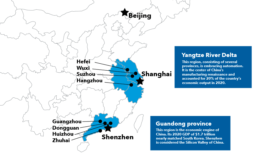 Map shows areas in China that the author visited. The Yangtze River Delta, which encompasses a broad area in and around China’s central coast, is where Shanghai is located. This region, consisting of several provinces, is embracing automation. It is the center of China’s manufacturing renaissance and accounted for 20% of the country’s economic output in 2020. The Guandong province is located along the southeast coast of China. This region is the economic engine of China. Its 2020 GDP of $1.7 trillion nearly matched South Korea. Shenzhen, one of the main cities, is considered the Silicon Valley of China.
