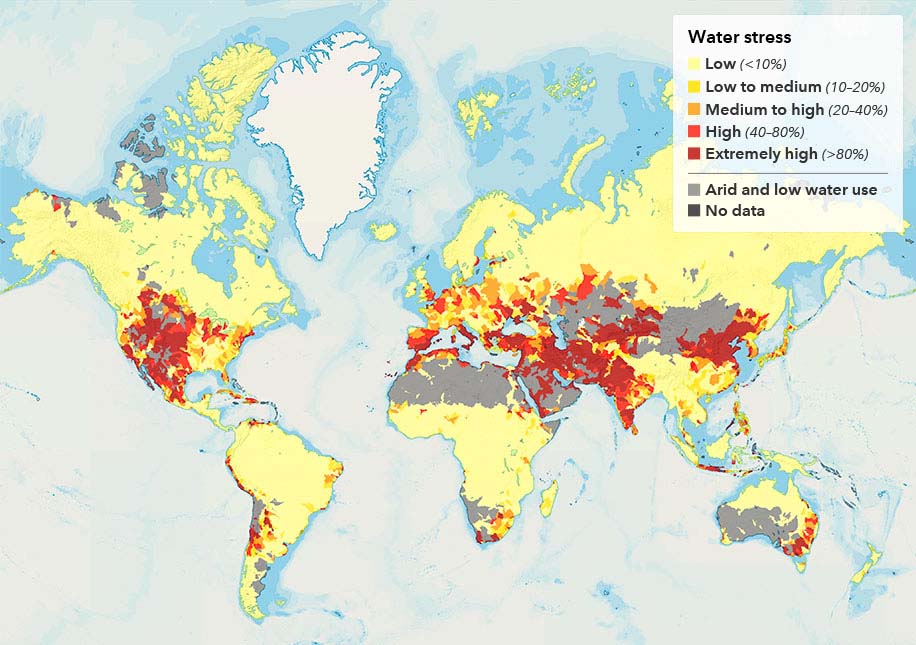 This map shows regions of the globe that are projected to experience high levels of water stress over the next decade based on the available surface and ground-level water levels. The U.S. Southwest, Middle East, India and parts of China, Chile, Australia and South Africa stand out as likely high-risk areas.
