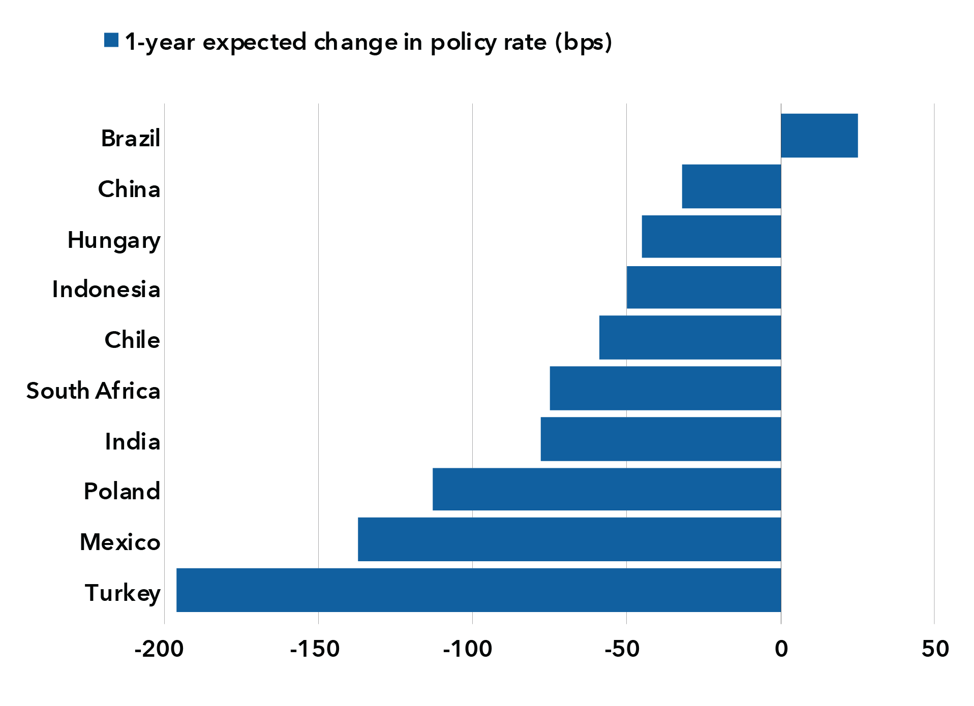 Bar chart shows one-year expected change in policy rates for 10 countries in basis points. Brazil is the only one with a positive forecast at 25 basis points. The others go from smallest negative expected change to highest in this order: China (-32), Hungary (-45), Indonesia (-50), Chile (-59), South Africa (-75), India (-78), Poland (-113), Mexico (-137) and Turkey (-196).