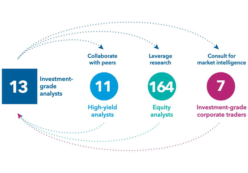 Chart illustrates the collaboration among Capital Group analysts and traders. It indicates that 13 investment-grade credit analysts collaborate with their 11 high-yield credit analyst peers, leverage the research of 164 equity analysts and consult with 7 investment-grade corporate bond traders for market intelligence.