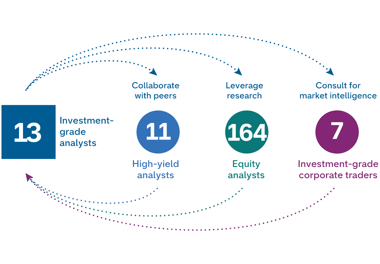 Chart illustrates the collaboration among Capital Group analysts and traders. It indicates that 13 investment-grade credit analysts collaborate with their 11 high-yield credit analyst peers, leverage the research of 164 equity analysts and consult with 7 investment-grade corporate bond traders for market intelligence.