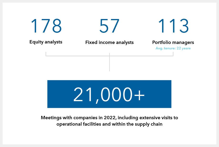 Graphic illustrates Capital Group′s commitment to ongoing relationships with and research of companies. We have 113 portfolio managers with an average tenure of 22 years and 178 equity and 57 fixed income analysts, who engage in deep-dive research and more than 21,000 company meetings in 2022, including extensive visits to operational facilities and within the supply chain. As of December 31, 2022.