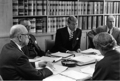 Capital Research and Management meeting in 1961, with Jonathan Bell Lovelace, Chuck Schimpff, Colman Morton, Jim Fullerton and Mary Bauer.