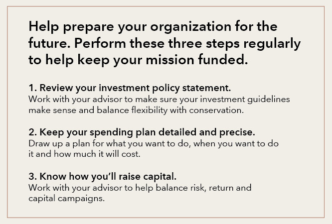 This chart summarizes the three key steps in this article that can help your endowment or foundation better pursue its mission. First, review your investment policy statement and make sure it promotes the conservation and flexibility you need. Second, ensure your spending plans are detailed and precise. Third, work with your advisor to ensure you're balancing risk, return and capital campaigns.