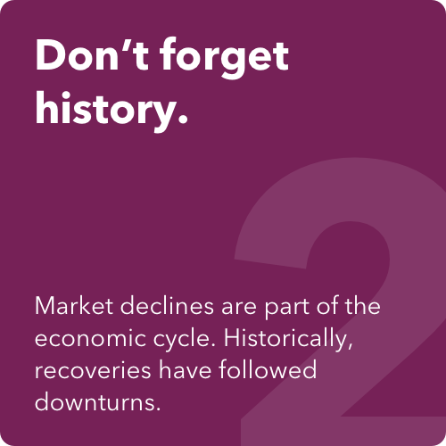 The image shows a maroon square, and the headline says: Don’t forget history. The text below the headline says: Market declines are part of the economic cycle. Historically, recoveries have followed downturns.