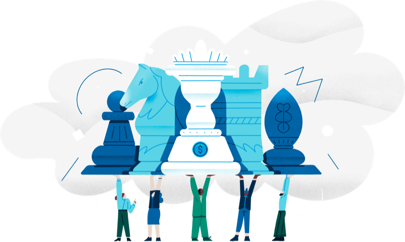 The illustration shows five people holding up giant chess pieces. The queen chess piece is in the middle, and the most prominent. It has a U.S. dollar sign on it.