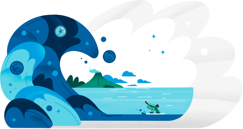 The illustration shows a surfer gliding on flat water with a large wave curling up behind him. The wave contains currency symbols for the U.S. dollar, Japanese yen and the European euro.]