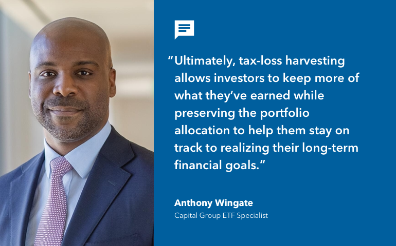 Photograph shows a headshot of Capital Group ETF Specialist, Anthony Wingate. The copy is a direct quote from him that says, “Ultimately, tax-loss harvesting allows investors to keep more of what they’ve earned while preserving the portfolio allocation to help them stay on track to realizing their long-term financial goals.”