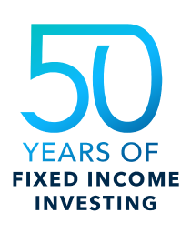The image shows a large 50 in shades of blue. Copy says: 50 years of fixed income investing.