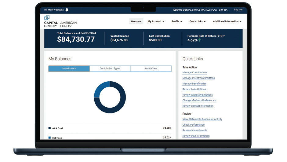 An image of the account overview screen on a laptop. The My Balances section displays a pie chart with a breakdown of the participant’s investments.