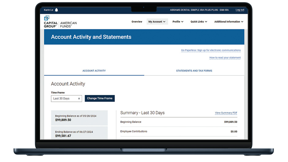 An image of the Account Activity and Statements screen on a laptop, showing an overview of account activity in the last 30 days.