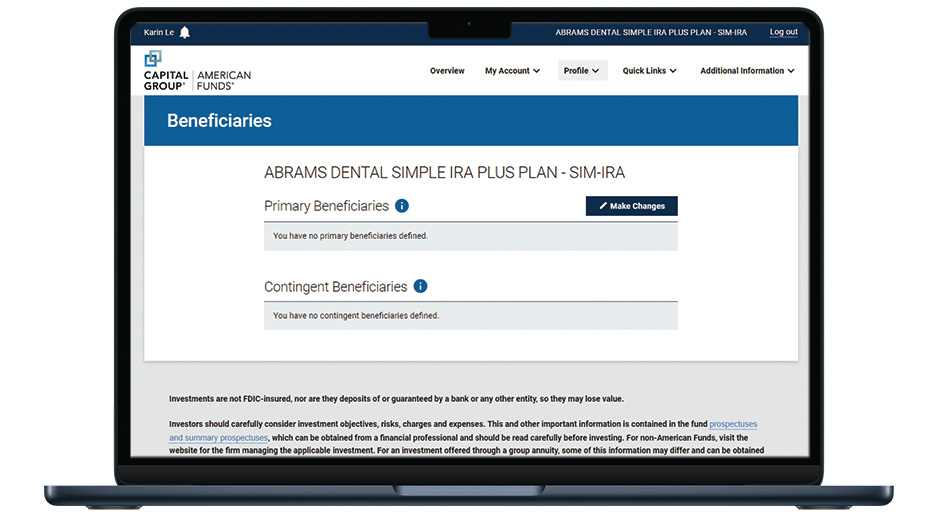 An image of the Beneficiaries screen on a laptop, showing primary and contingent beneficiaries with a button labeled Make Changes.