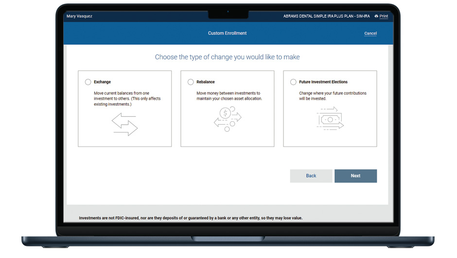 An image of the Change Investments screen on a laptop. Participants can choose the type of change they want to make, with options to exchange, rebalance or change where future investments will be invested.